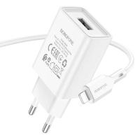 Сетевое зарядное устройство BOROFONE BA68A Glacier 1xUSB, 2.1А + кабель Lightning 1м (белый)