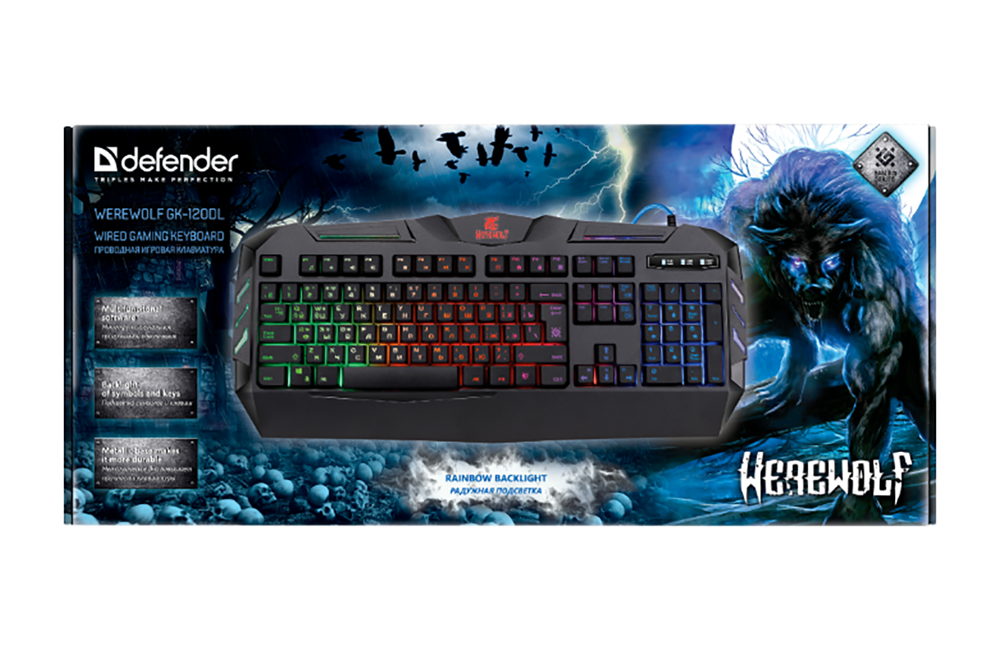 Клавиатура игровая проводная влагоустойчивая DEFENDER Werewolf GK-120DL RGB (черный)