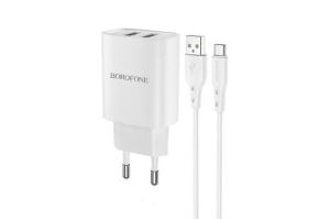 Сетевое зарядное устройство Borofone BN2, 2 USB, 2100mA, с кабелем Type-C (белый)