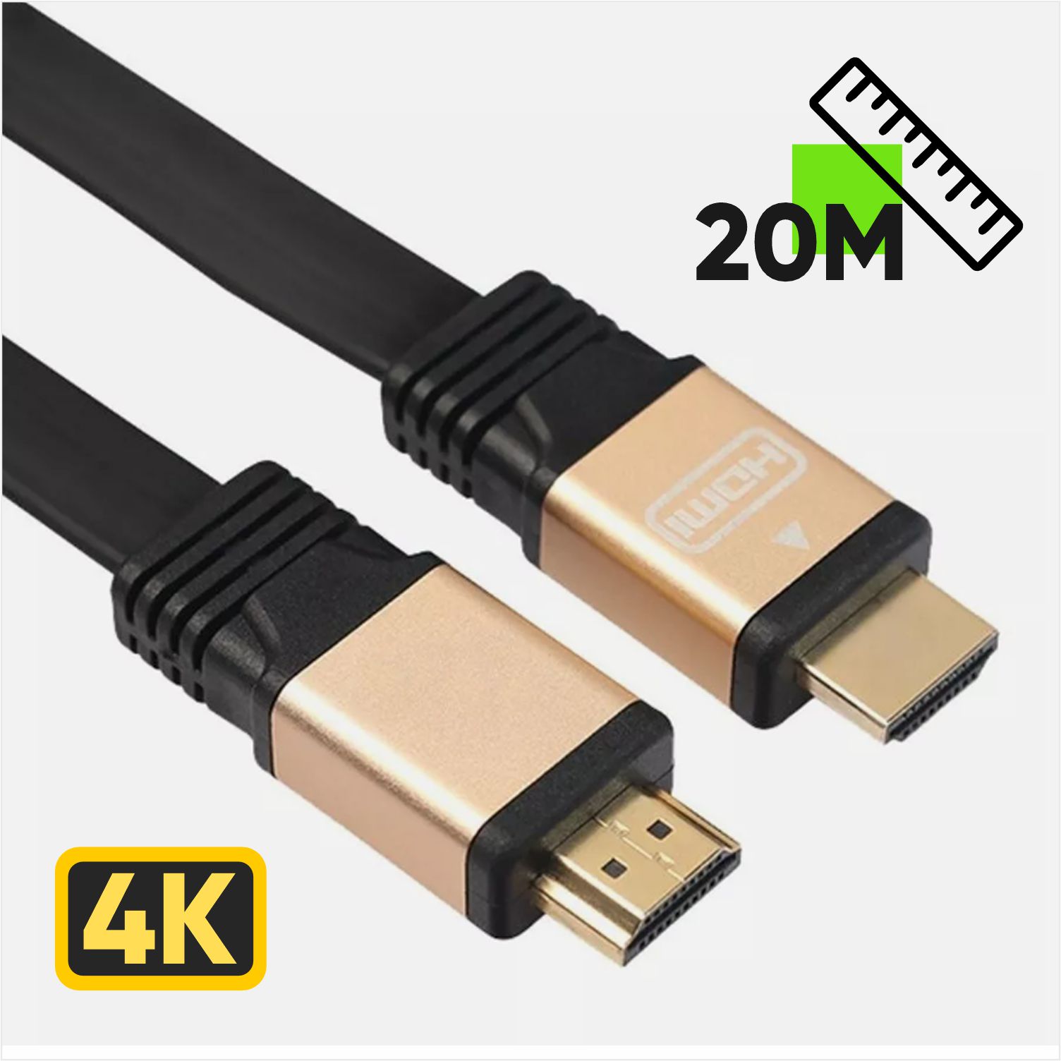 Кабель HDMI-HDMI 4K FLAT Premium 20 метров плоский, бескислородная медь Позолота.