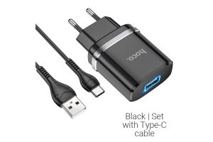 Сетевое зарядное устройство HOCO N1, 2.4A, 1USB с кабелем Type-C (черный)