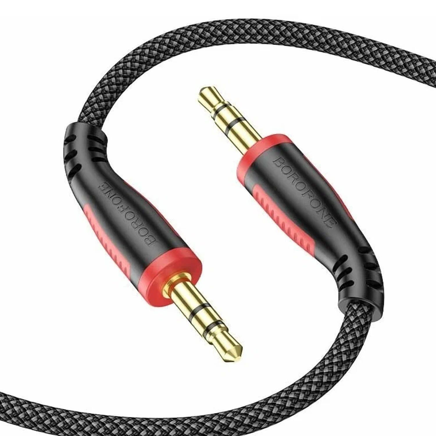 AUX кабель Borofone BL14 AUX Audio cable 3.5mm, тканевый, 1 метр (черно-красный)