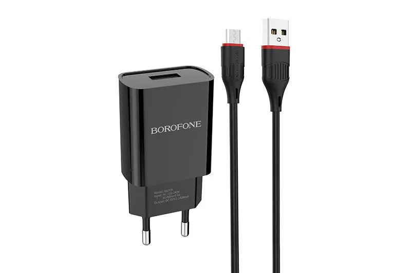 Сетевое зарядное устройство Borofone BA20A Sharp 2.1A с кабелем MicroUSB (черный)