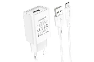 Сетевое зарядное устройство BOROFONE BA68A Glacier 1xUSB, 2.1А + кабель MicroUSB, 1м (белый)