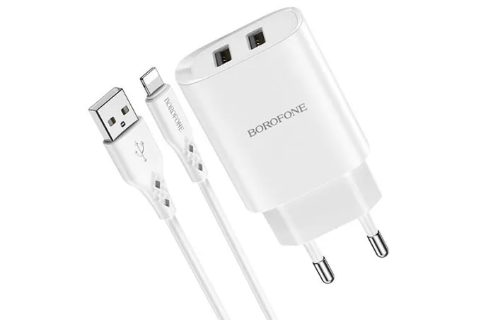 Сетевое зарядное устройство Borofone BN2 2100mA 2USB с кабелем Lightning (белый)