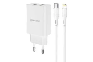 Сетевое зарядное устройство Borofone BA56A Lavida USB+Type-C PD20W с кабелем Lightning (белый)